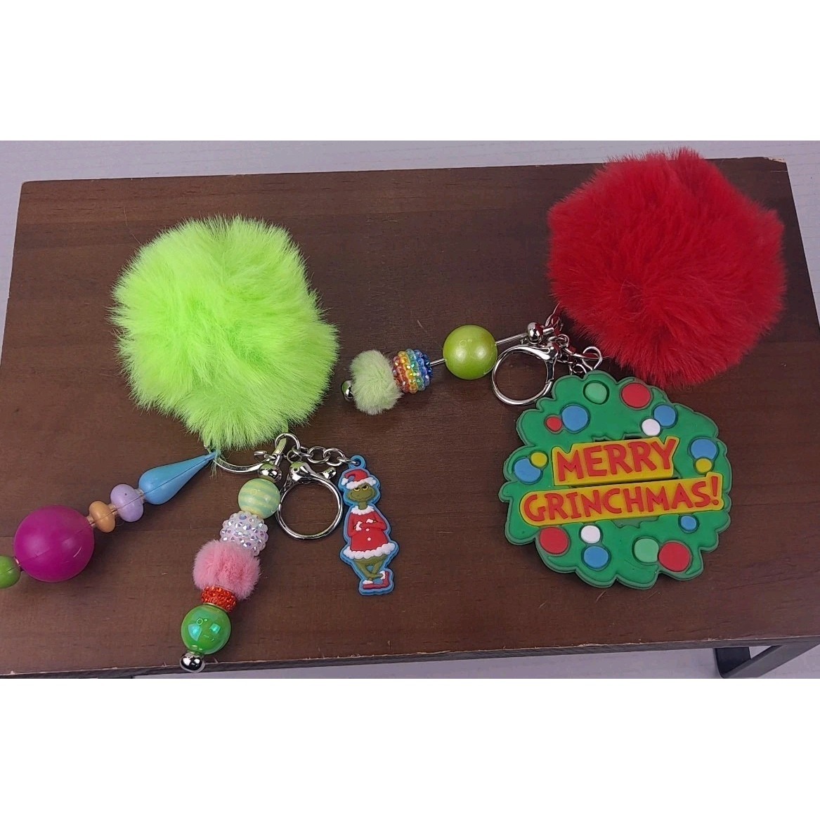 Christmas Pom Pom Merry Grinchmas Beaded Purse Charm Key Ring Handmade